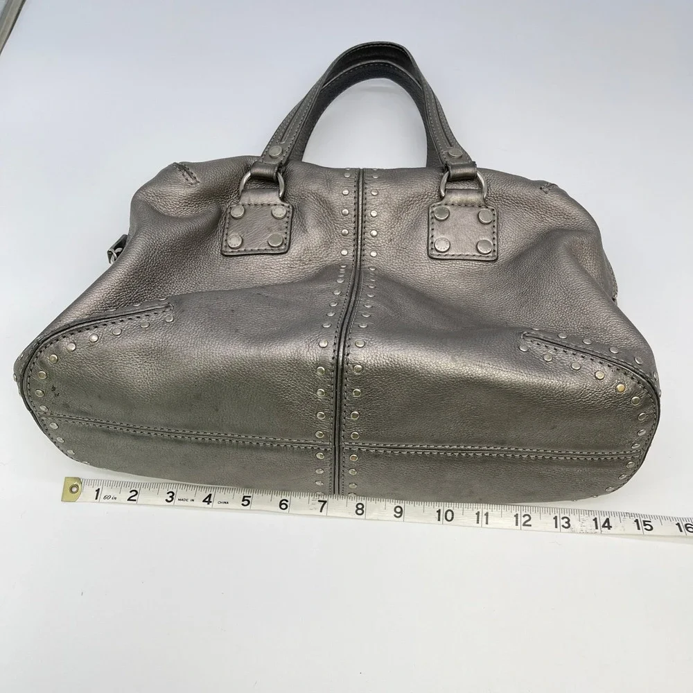 Michael Kors Astor Studded Satchel Bag Pewter Metallic Leather Edgy Grunge Biker